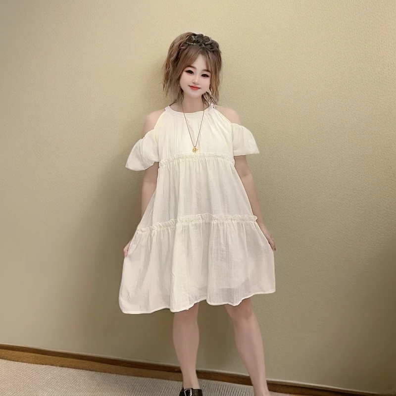 大码设计露肩连衣裙2025夏季法式新款温柔甜美气质宽松小个子裙子