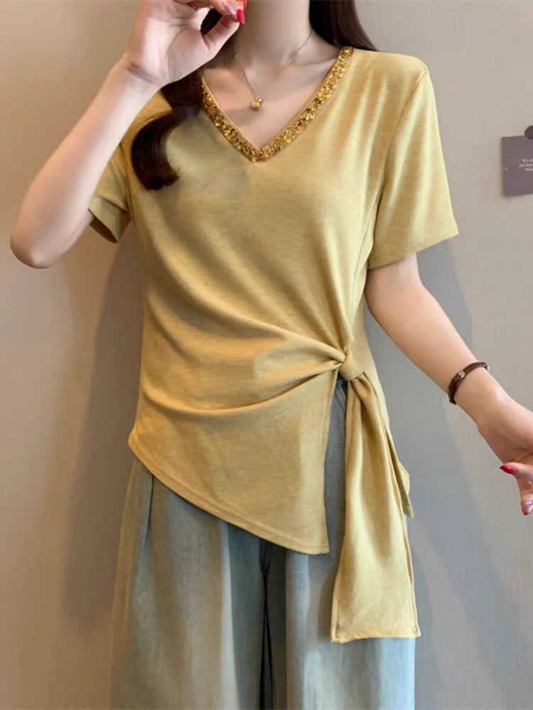 胖MM瑶 M25038大码时尚设计感V领亮片T恤夏季洋气百搭显瘦上衣