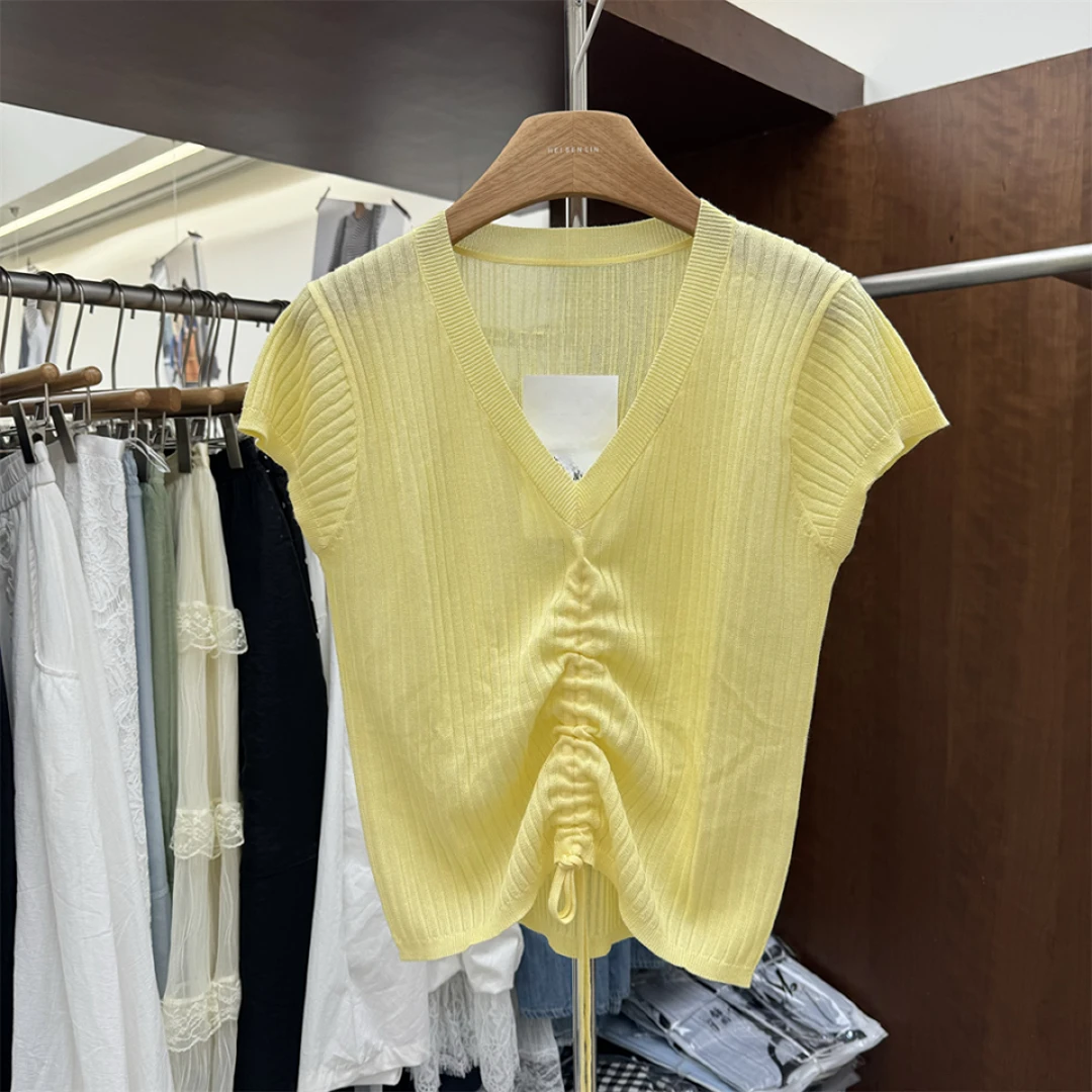 夏季新款韩版V领抽绳设计感包肩袖洋气百搭针织衫女气质短款时尚