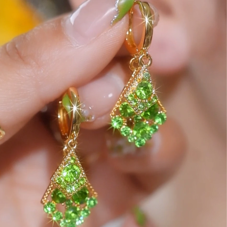 925银针耳饰  时尚洋气绿色钻菱形耳环轻奢气质耳饰