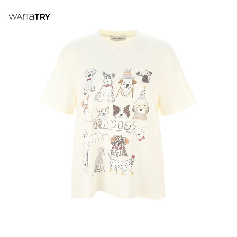 Wana Try杏色印花白色夏季手绘狗狗乐园T恤（早春新品）【达人】