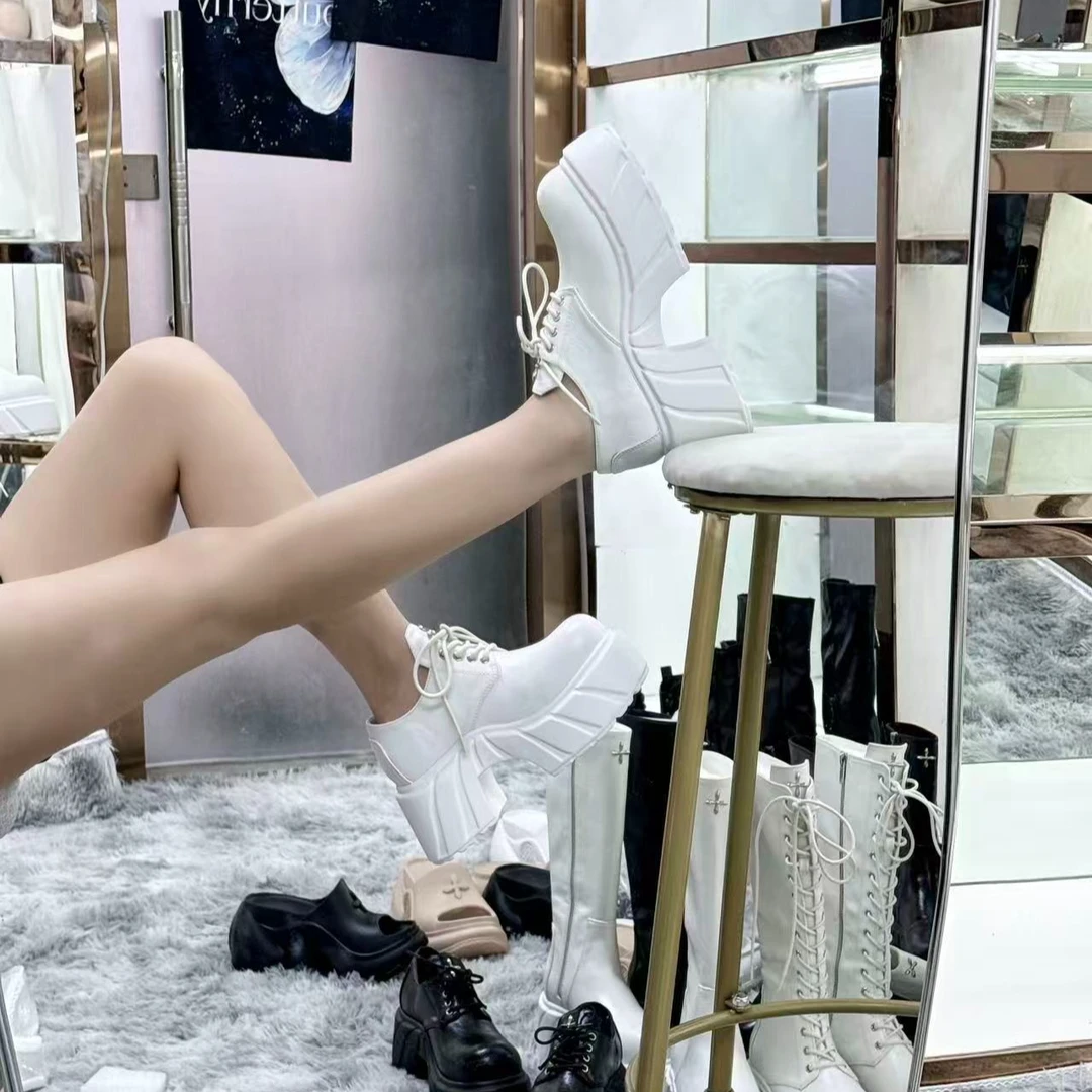 2025夏季新款幻影皮质高跟德比厚底增高英伦风低帮系带休闲皮鞋女