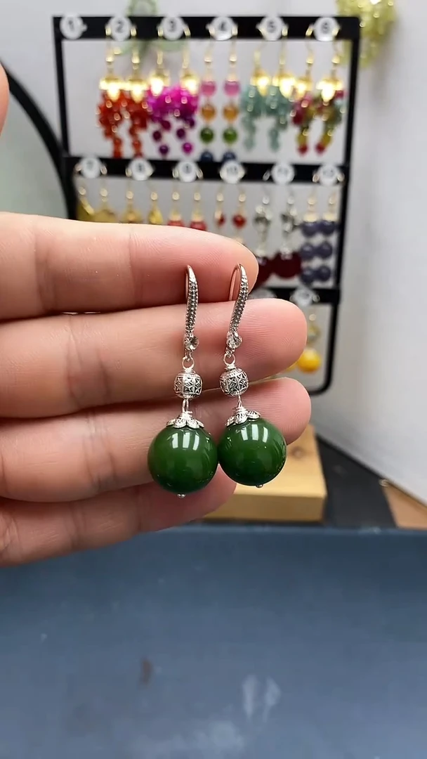 和田玉银S925镶嵌耳饰尺寸14mmA3