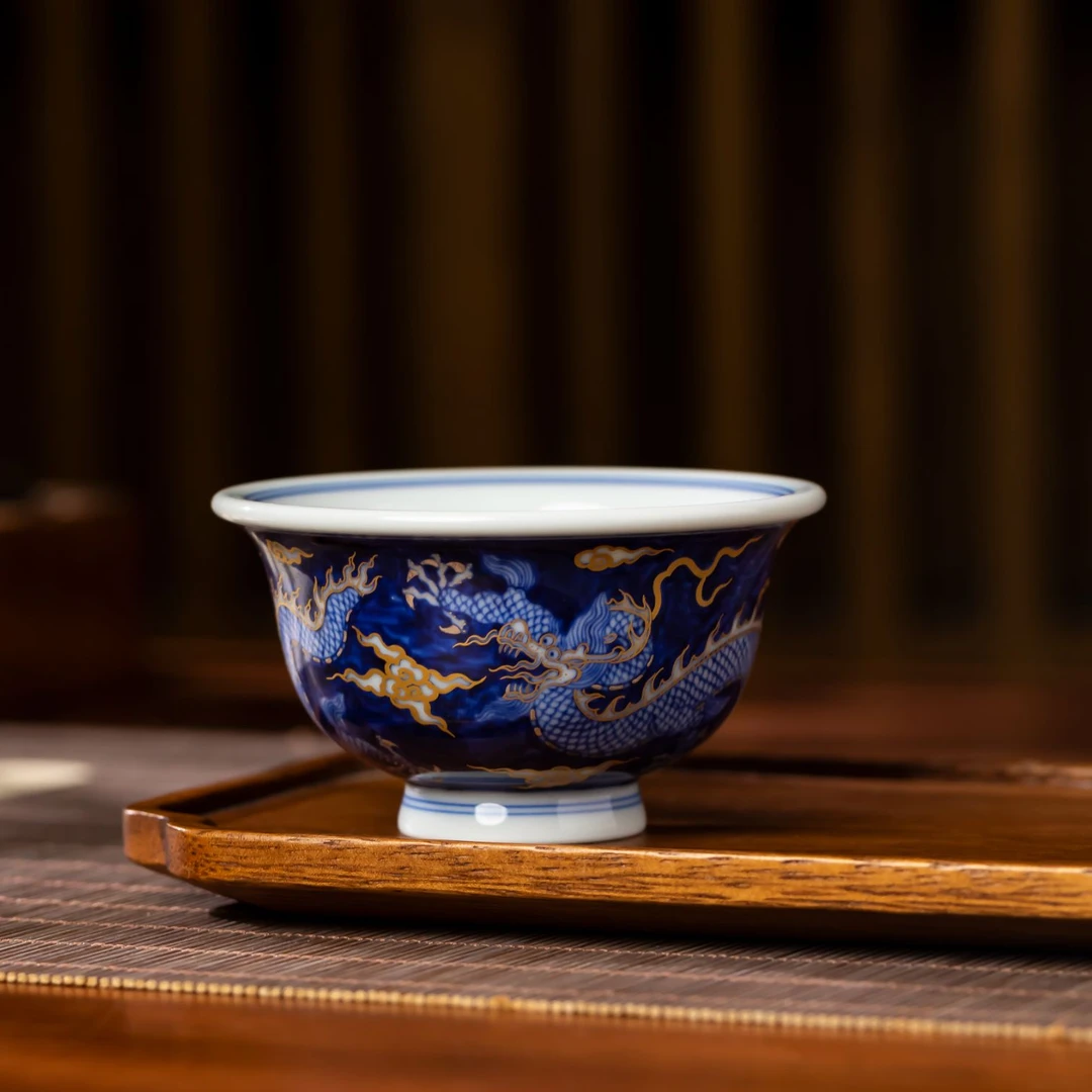 〖瑶瑶甄选〗铭清堂仿明龙纹描金压手杯精工手绘景德镇高端茶器