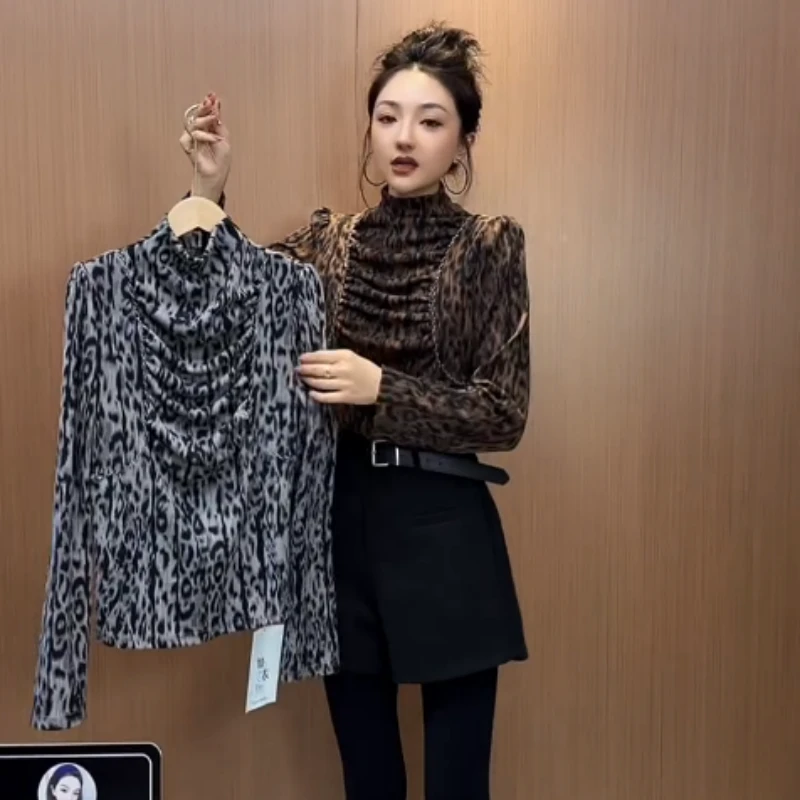 法式设计感豹纹T恤女修身显瘦半高领收腰上衣褶皱时尚复古打底衫
