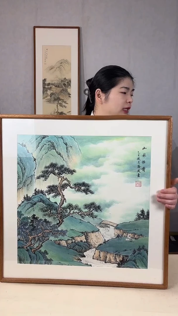 国画手绘*山水怡情*62*62cm实木框