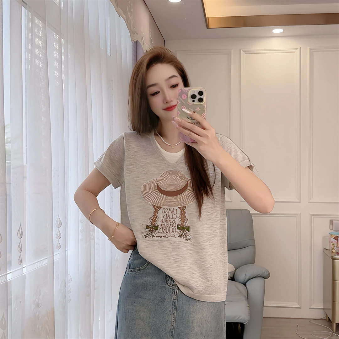 2562现货夏季新款针织衫套头短袖宽松女装草帽彩色提花上衣罩衫