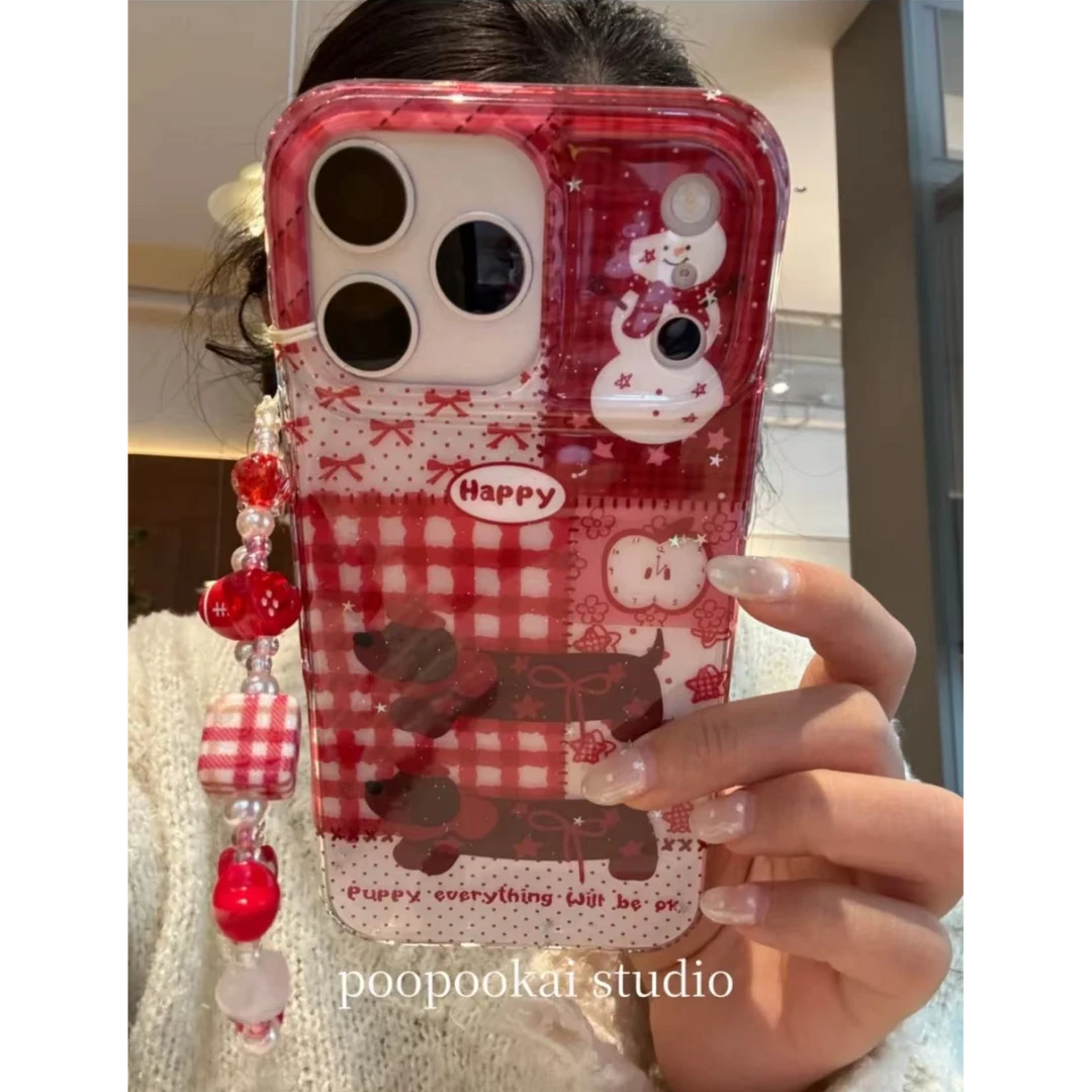 可爱红格纹拼接腊肠狗适用于17pro/16promax手机壳苹果15/14/13