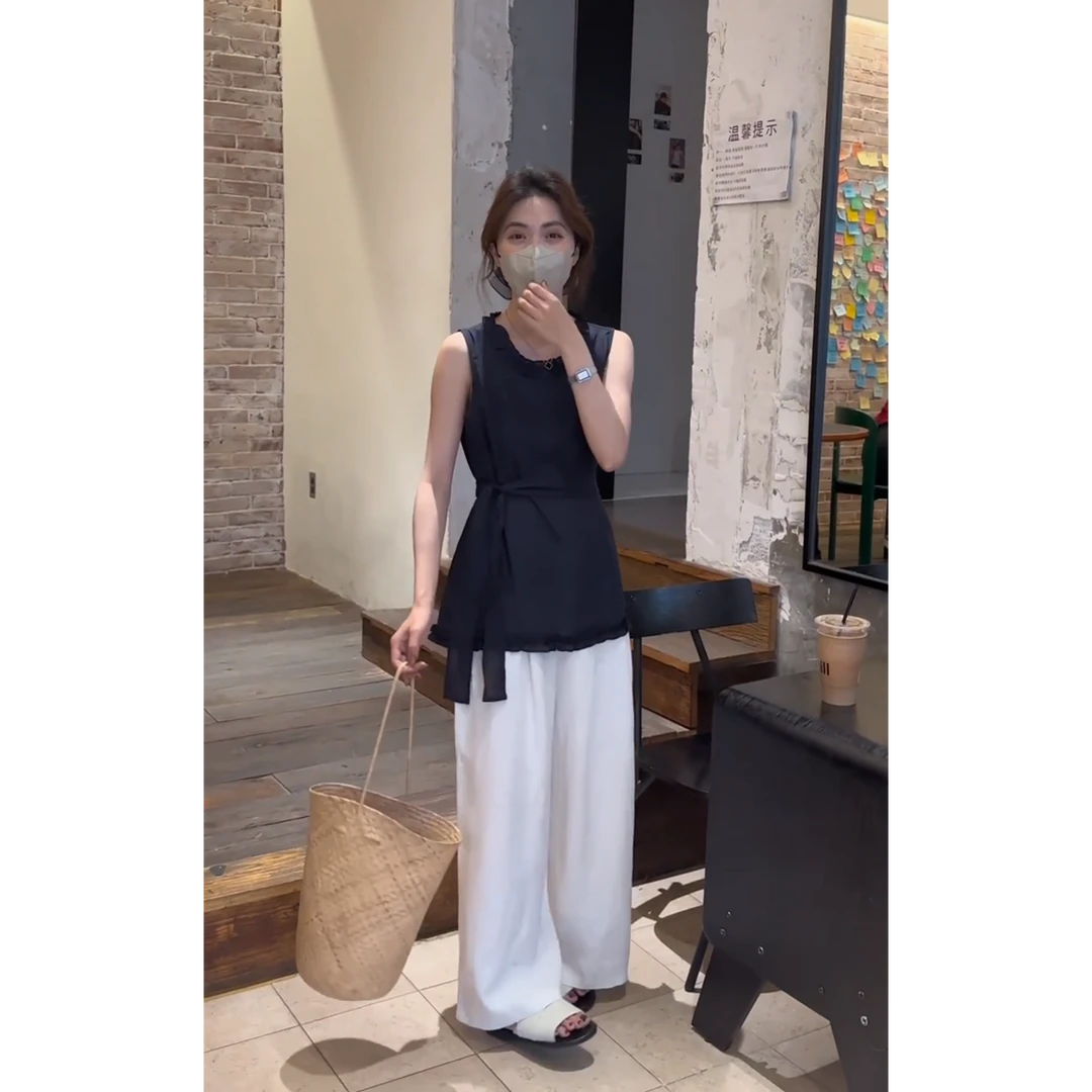 MARIE.COCO韩版简约纯色木耳边系带收腰背心搭配休闲阔腿裤两件套