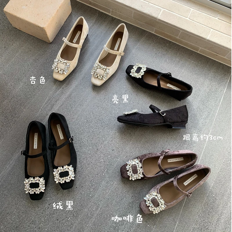 方扣水钻粗跟玛丽珍鞋2025早春新款百搭优雅法式气质女鞋1358-99