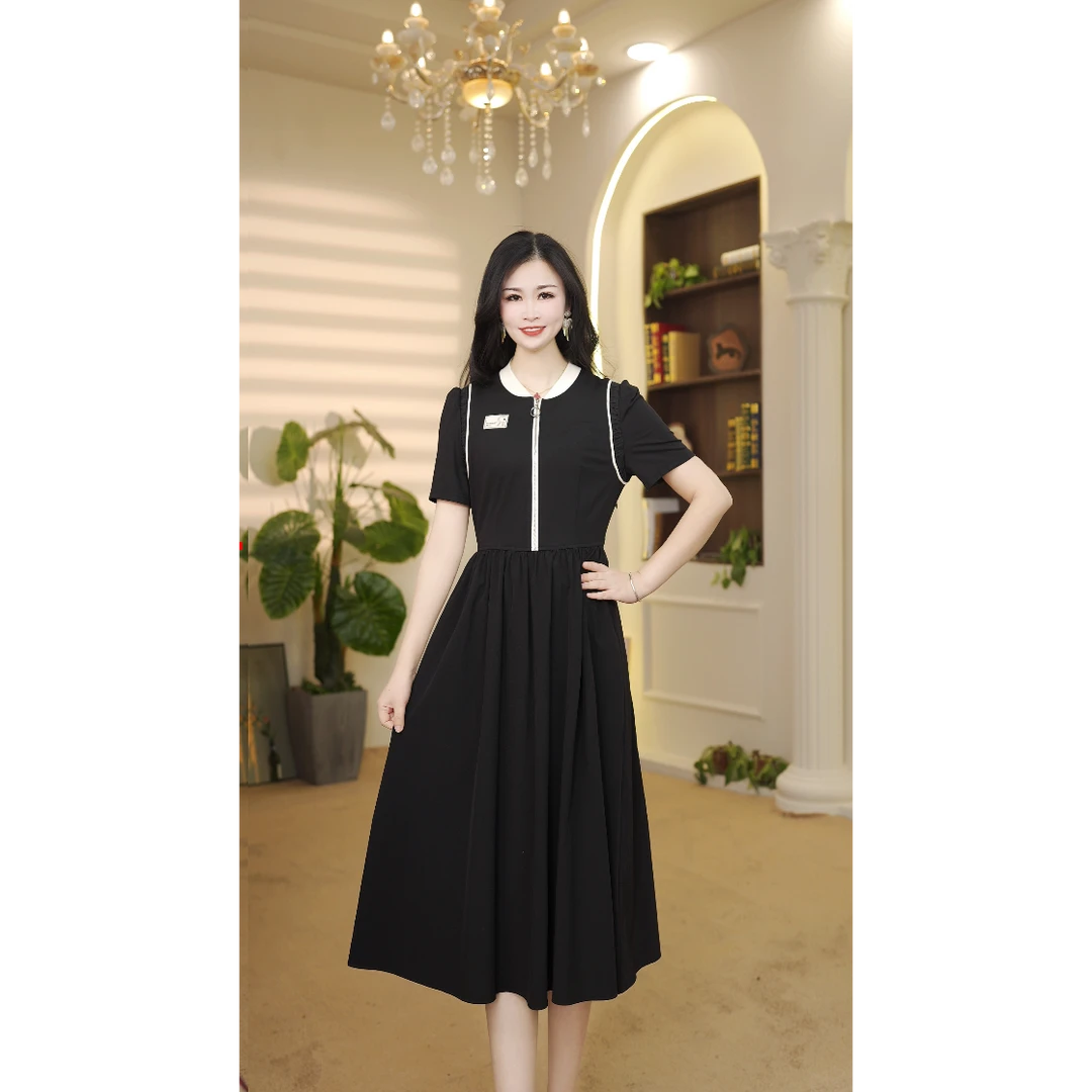 时尚圆领通勤连衣裙女夏季新款修身假两件A字裙中长裙L799