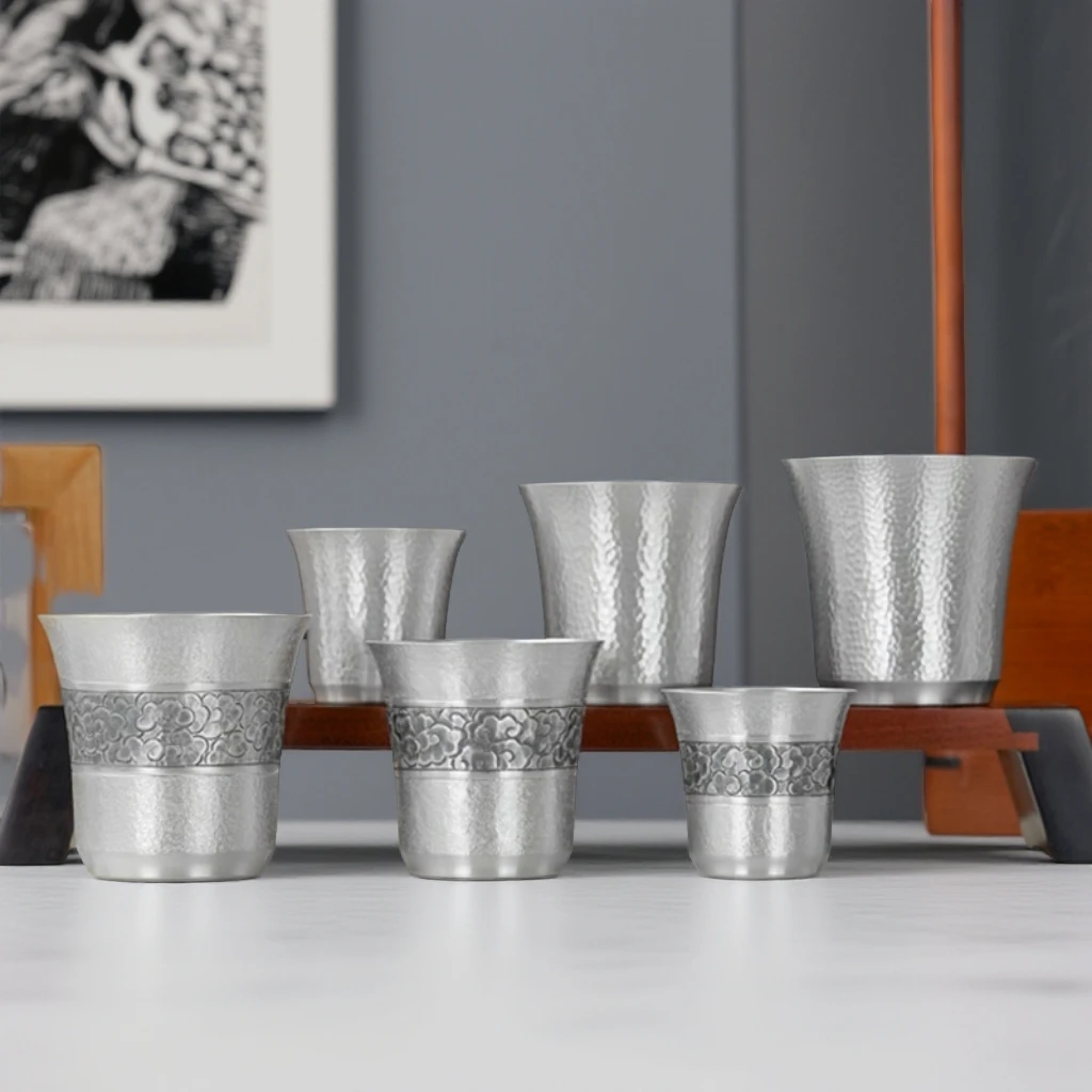 银制品 银水杯999足银酒杯家用主人杯 锤纹祥云马蹄杯银白酒2两杯