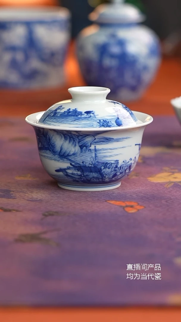 天心传人手造渔邨图二才盖碗
