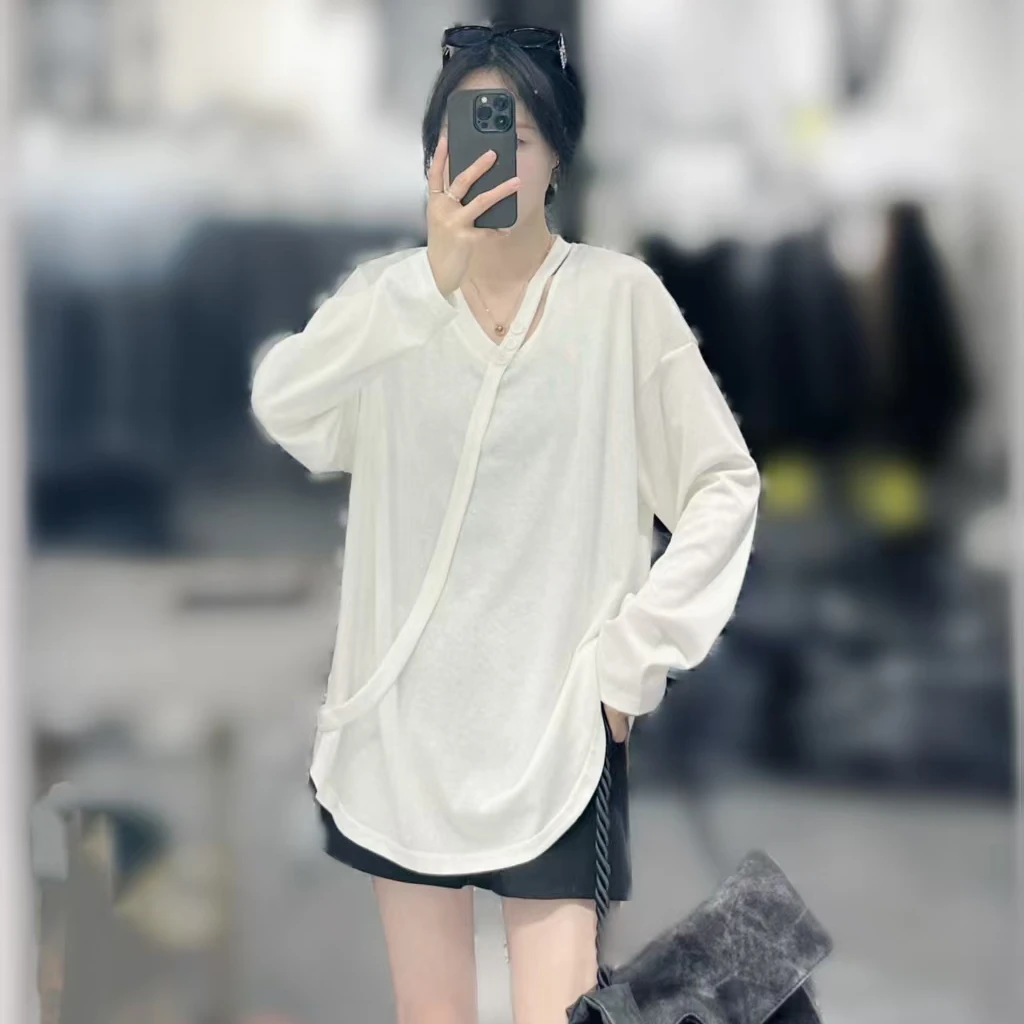 3638潮女时尚百搭休闲前挂带v领长袖上衣T恤透气宽松纯色春季