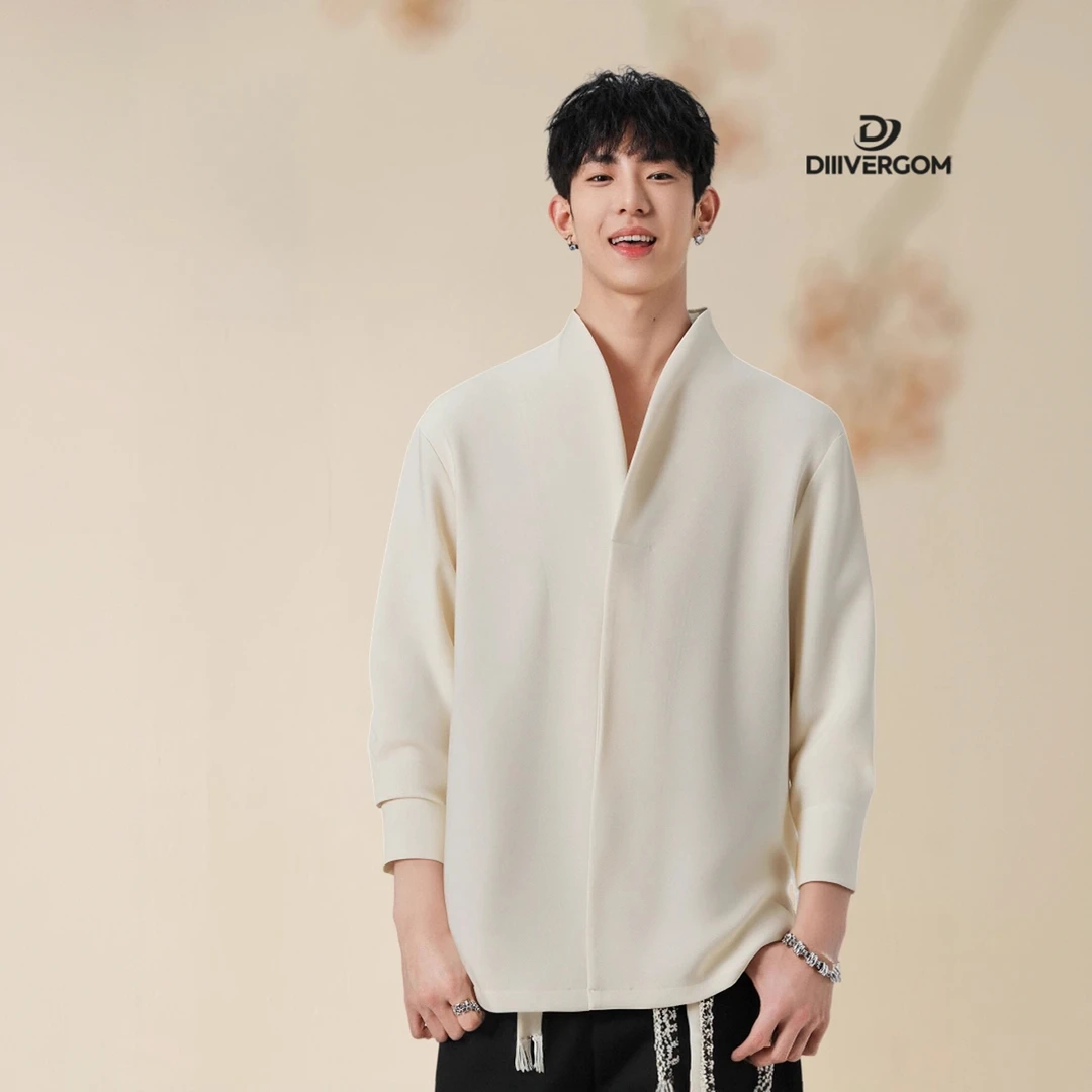 新中式禅意V领衬衫秋款百搭长袖开衫中式汉服简约时尚