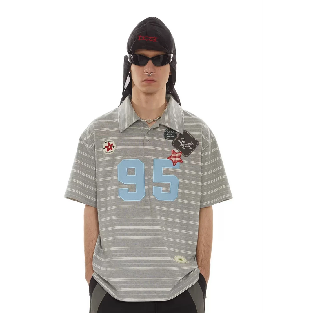 PASET男女同款美式复古短袖条纹POLO衫印花刺绣宽松翻领情侣