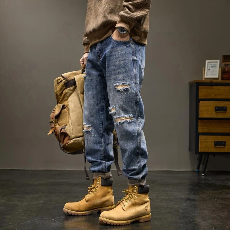 复古新款破洞补丁牛仔裤男款秋季宽松哈伦烟管裤美式高街直筒长裤