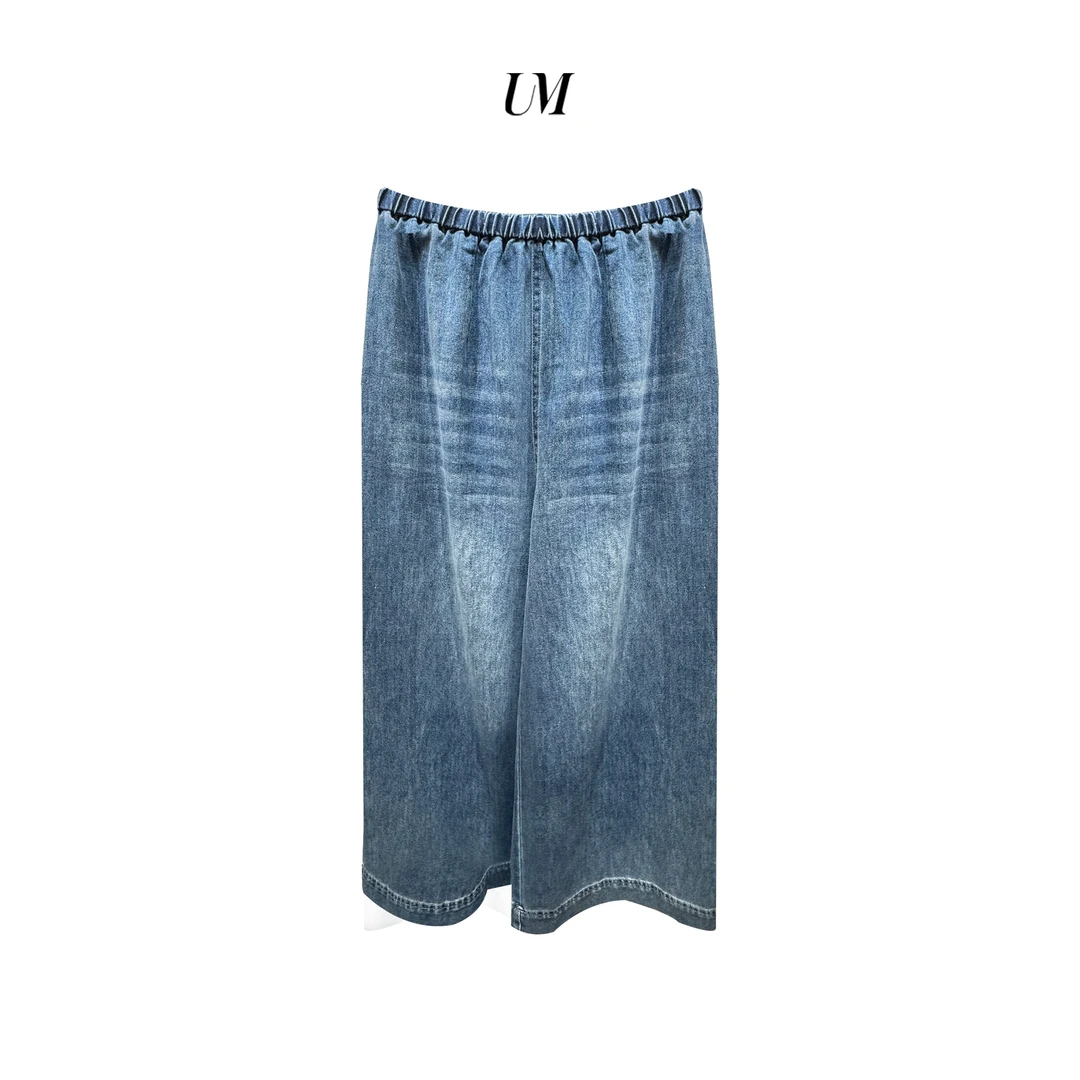 【U.M】廓形宽松松紧腰直筒牛仔裤