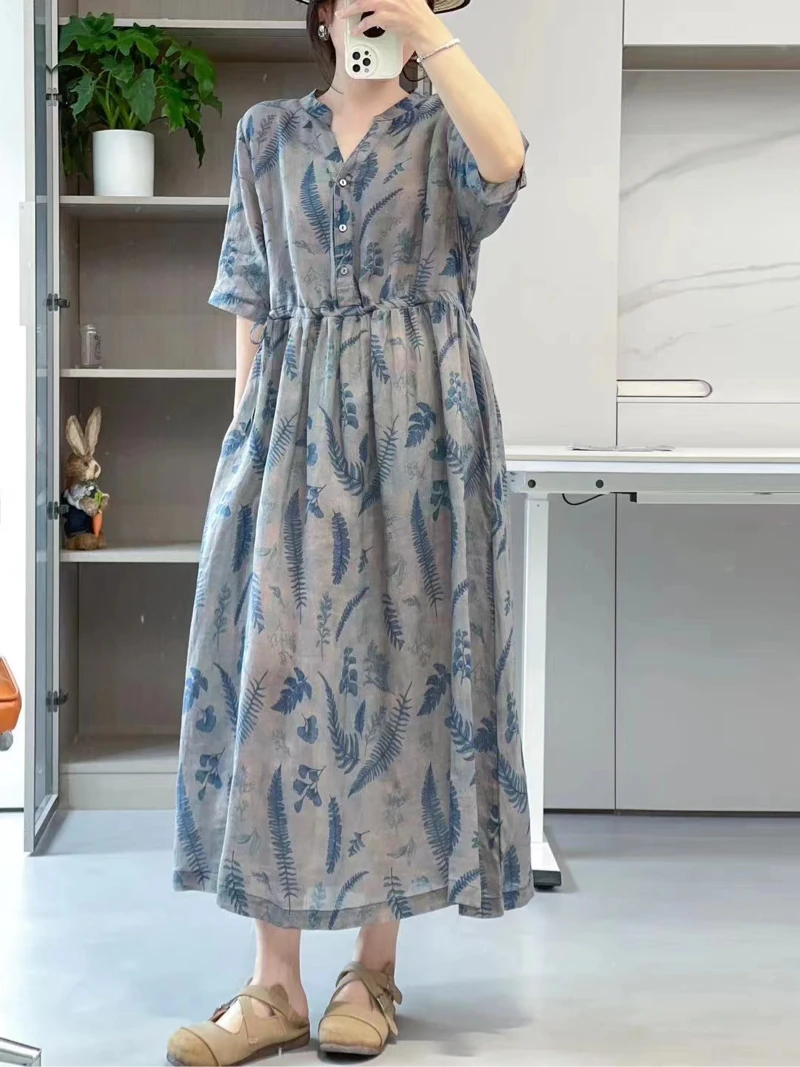 （单层）V领数码印花百搭藏肉显瘦碎花收腰KC 22248