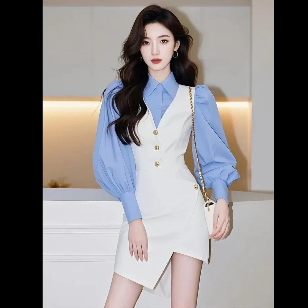 2025超火春装新款法式设计感衬衫裙子绝美小香风白色两件套衬衫女