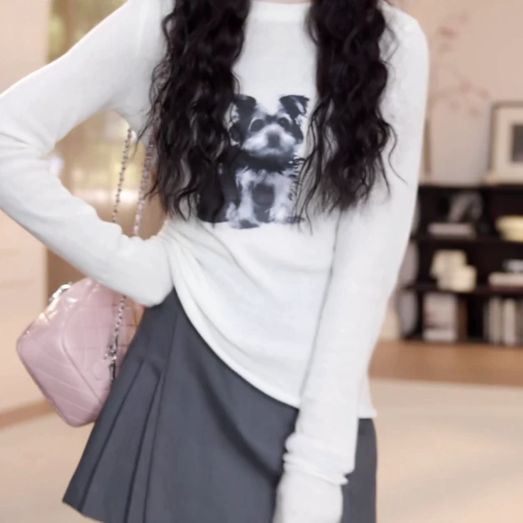 春季新款修身百搭针织衫打底女2025年新款上衣设计感小狗