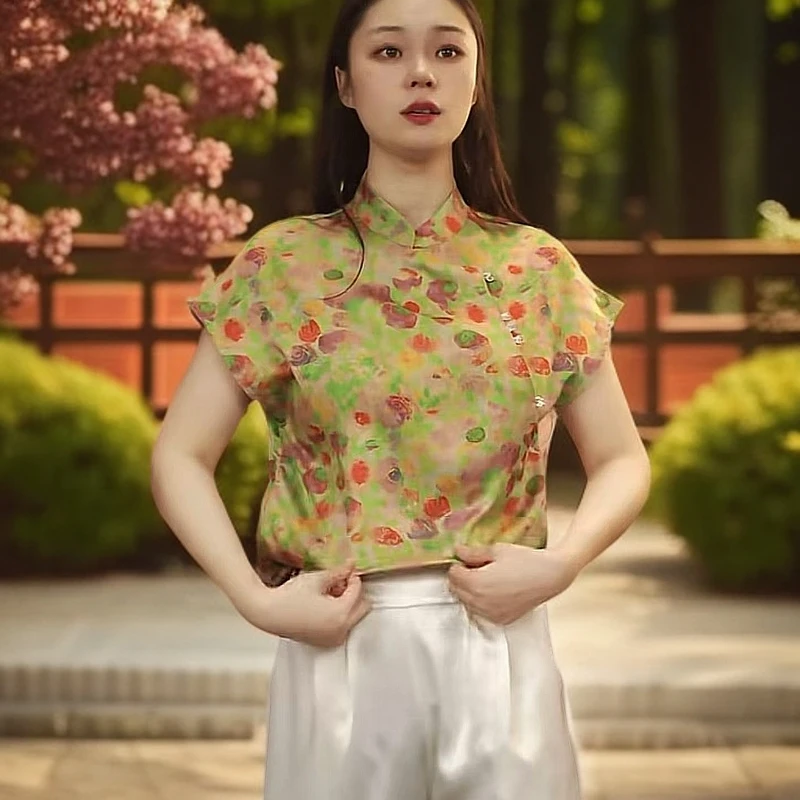 新中式重磅提花100%丝复古旗袍风盘扣短袖上衣小衫2025款原创正品