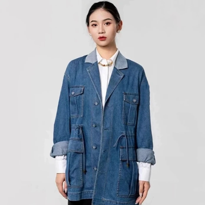 职业阿玛诗官女装2025秋冬新款宽松翻领抽绳收腰中长款牛