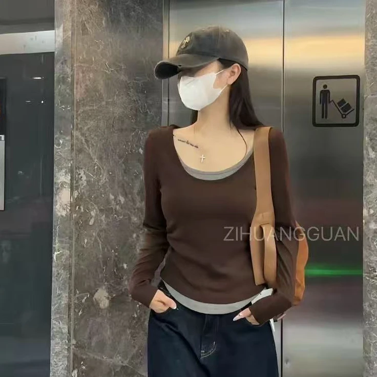 2025秋冬韩版气质撞色假两件修身显瘦洋气百搭简约款打底衫9092