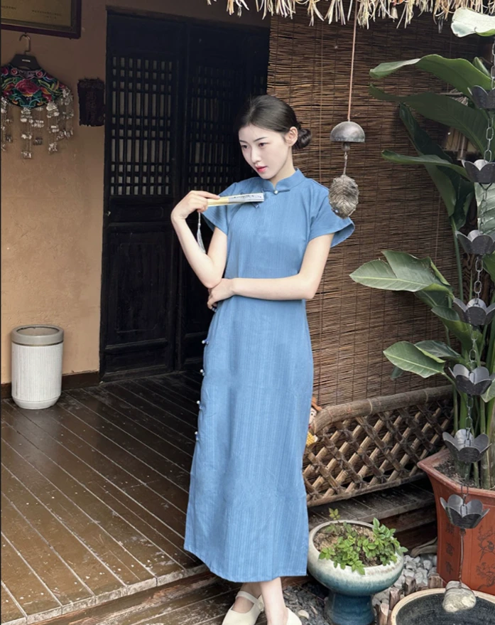 【青玉】做旧条纹新中式立领扎染短袖旗袍日常文艺夏装收腰少女裙子