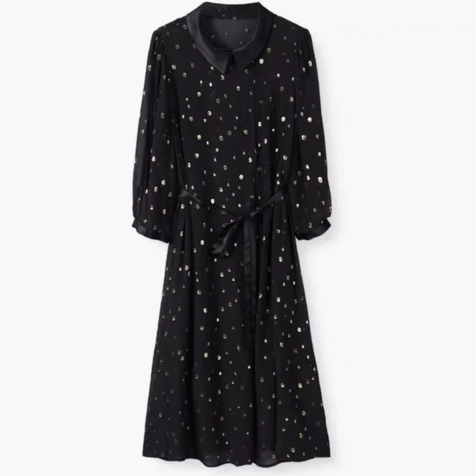 CHEN HENG 桑蚕丝新款波点印花连衣裙女收腰系带七分袖裙子