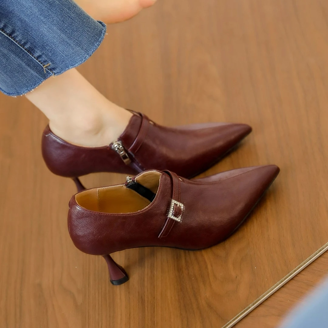 手工女鞋8cm~秋冬季V口单鞋细跟拉链尖头深口高跟鞋黑色女小踝靴