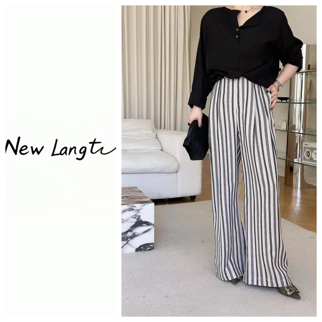 LANGTU-JH【条纹裤】慵懒风黑白条纹阔腿裤高腰直筒休闲长裤 003