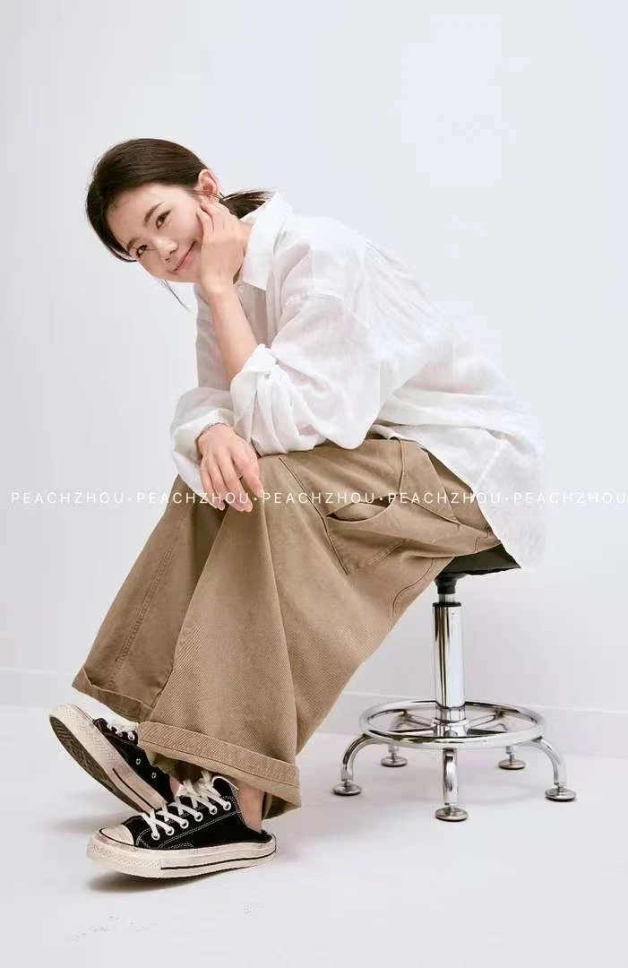 高密工装口袋水洗宽松松紧腰美式休闲阔腿长裤