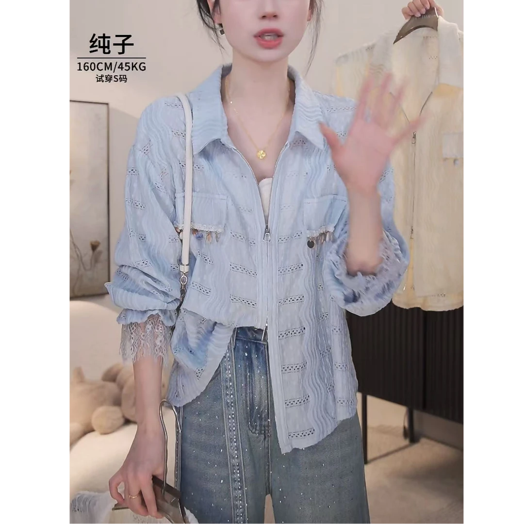 2025春季新款时尚镂空蕾丝拼接衬衫女设计感百搭减龄长袖上衣女