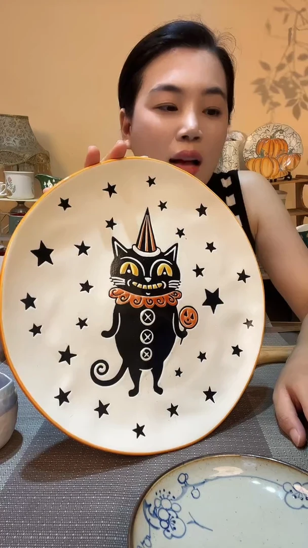 瓷片11英寸黑猫盘 微瑕介意勿拍