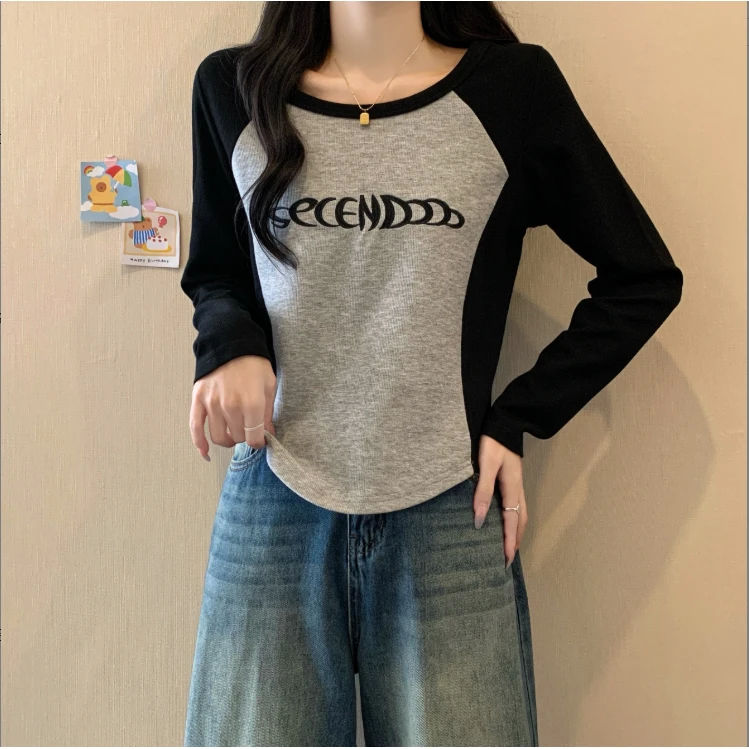 大码女装 胸88-120字母立体刺绣拼色上衣3079#