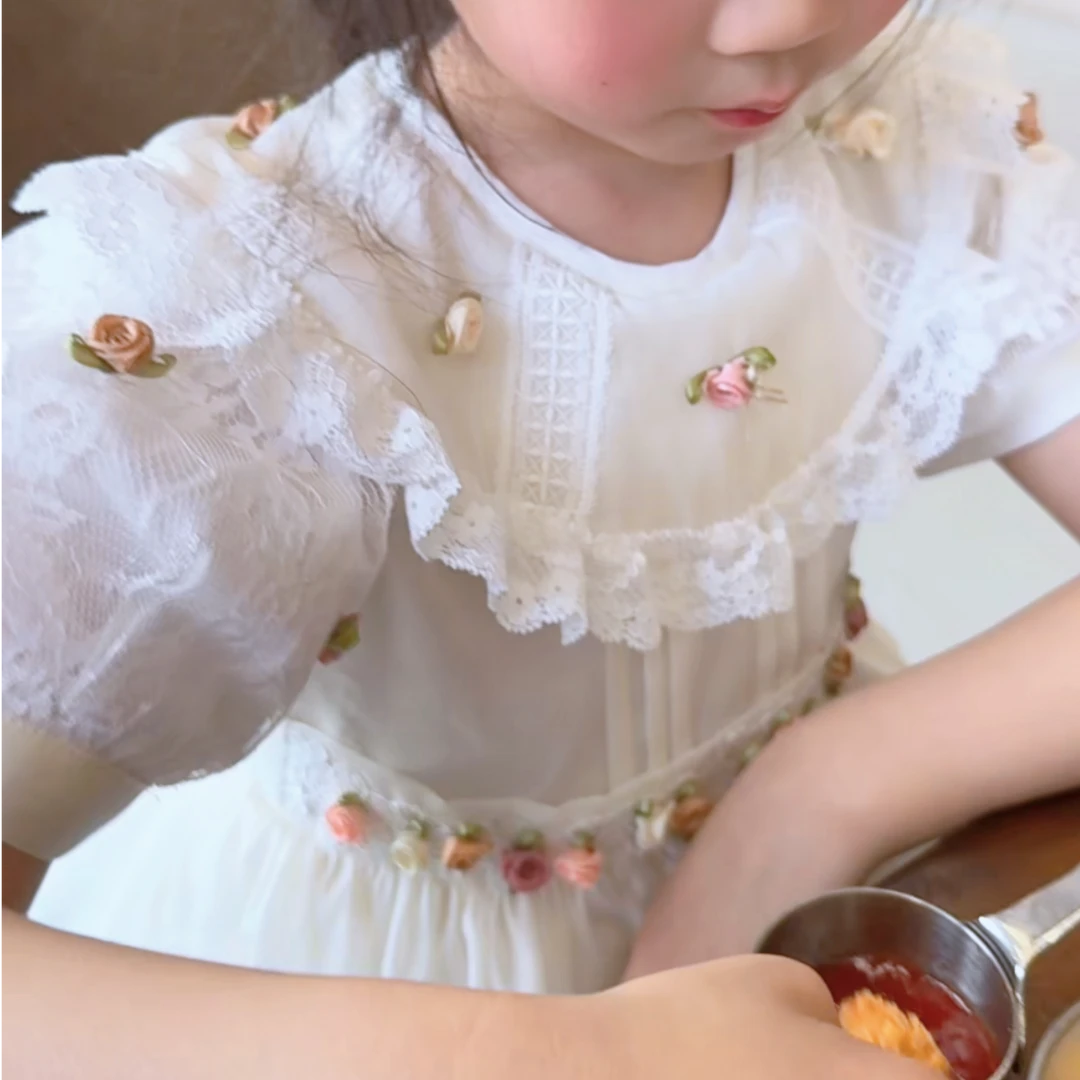 【蕾丝舞曲】现货|女童白色玫瑰花朵连衣裙