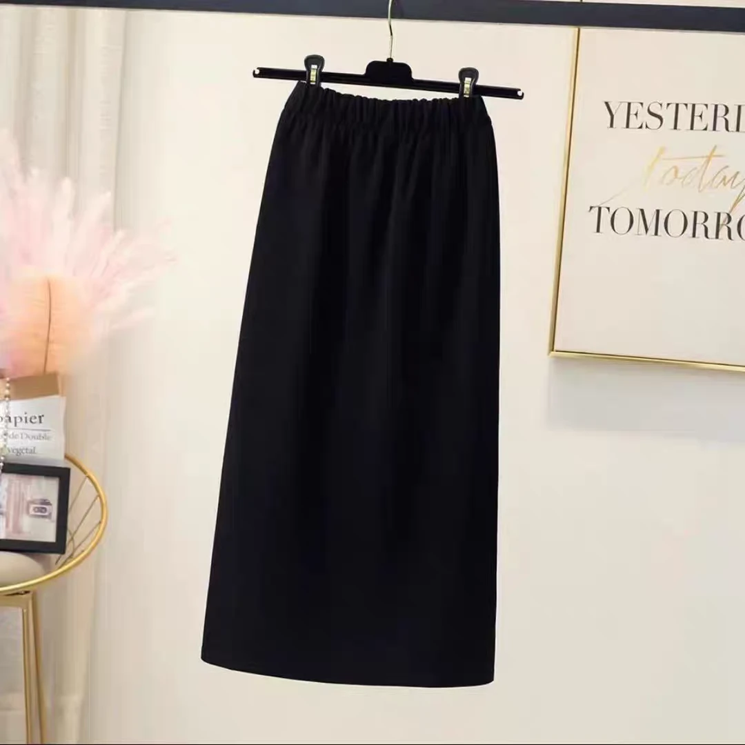 66360（23）新款高腰黑色中长款a字裙开叉针织半身裙女裙子