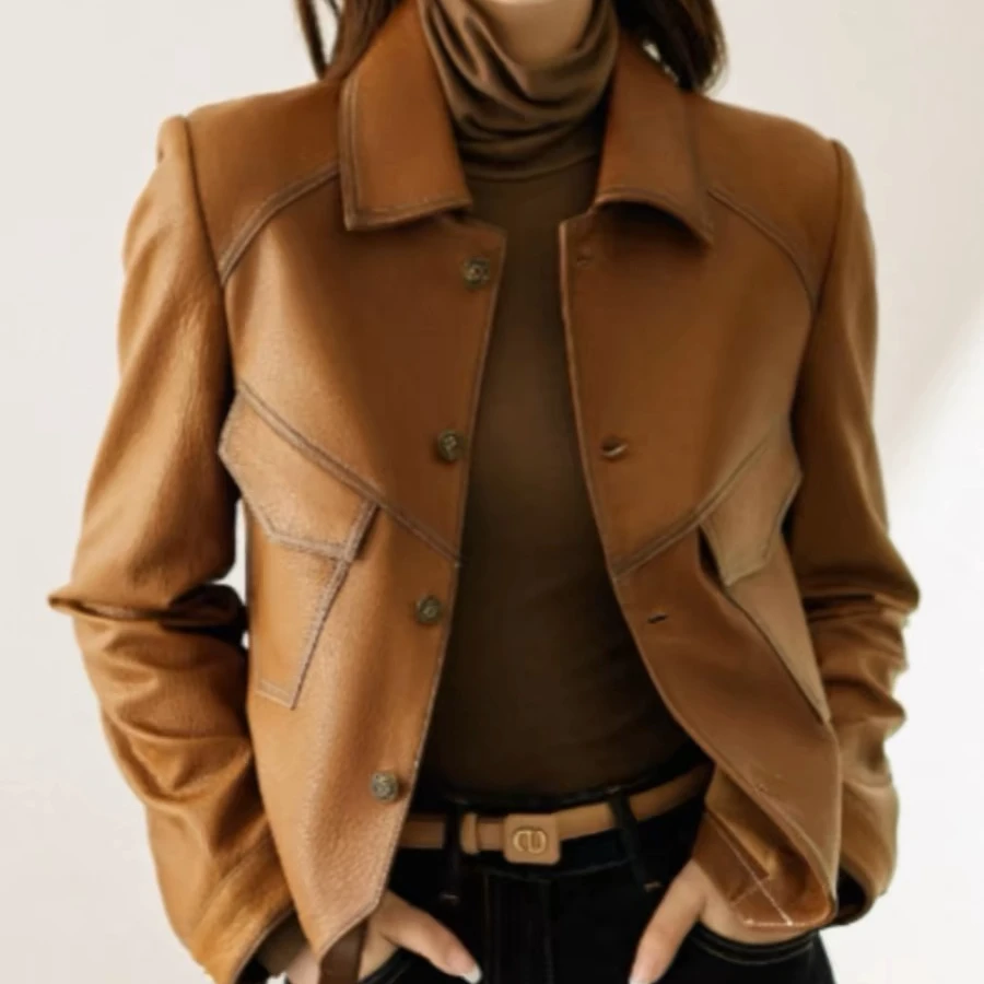 海宁绵羊款皮衣外套2025春秋新款女士洋气时尚短款复古显瘦BK16