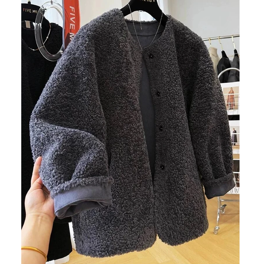 【彩丽家】冬深灰色摇粒绒棒球服女新款爆款皮毛一体圆领开衫外套