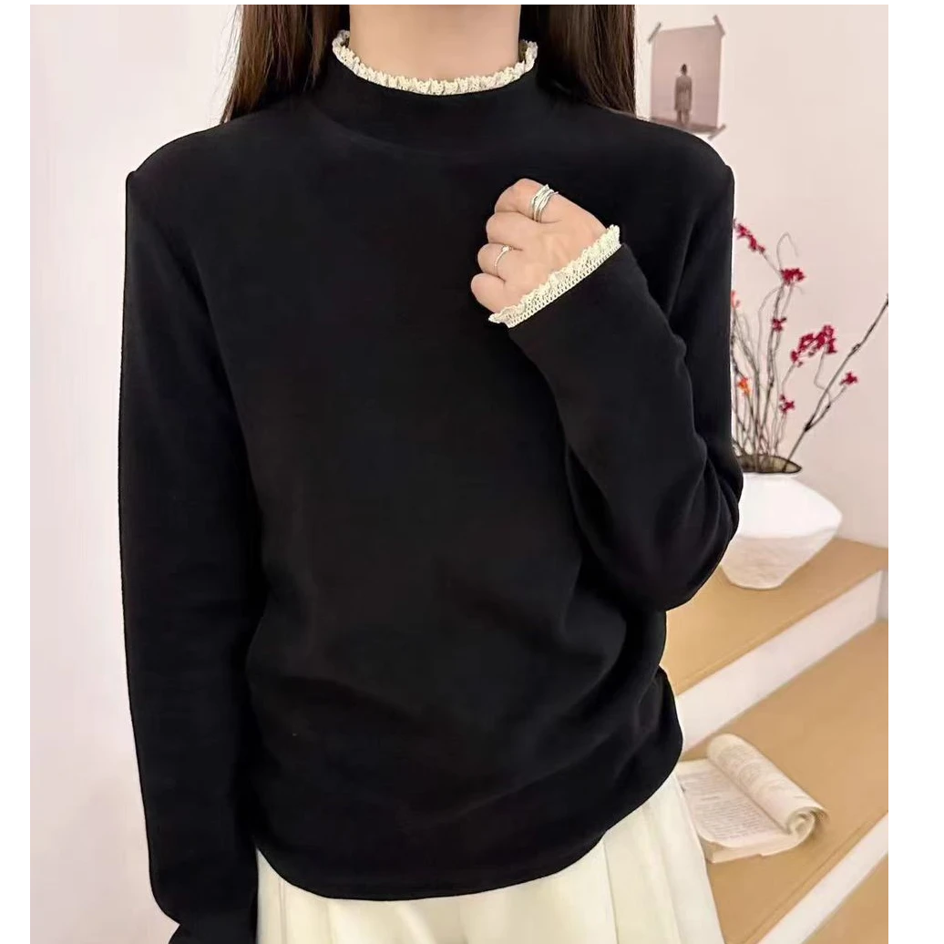 【锦衣服饰】N 2938磨毛蕾丝边假两件半高领德绒打底衫