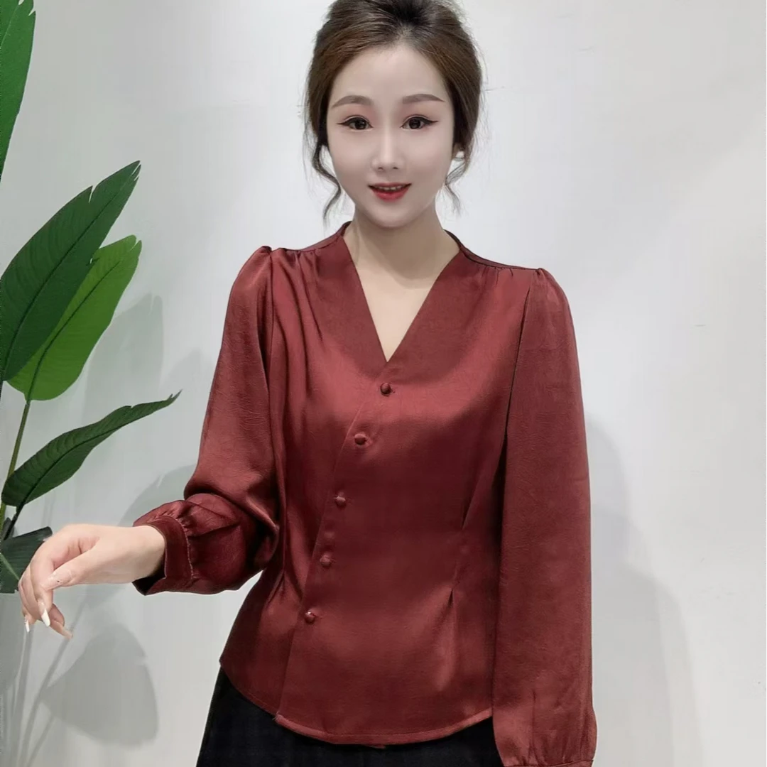 气质V领显瘦长袖衬衣收腰设计时尚百搭上衣女758