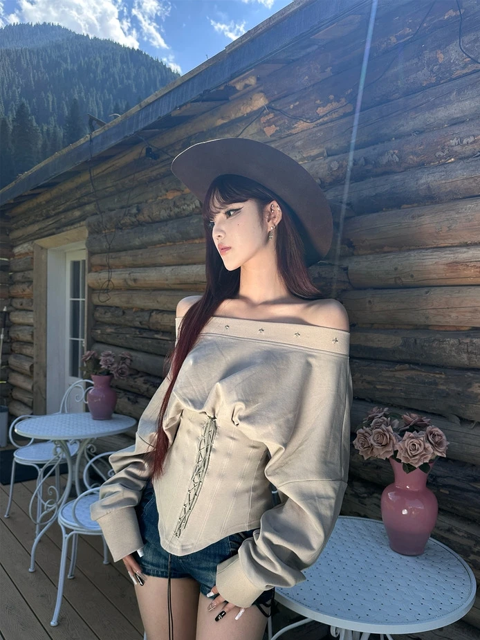 pinkmoon||沙漏腰封 一字肩绑带收腰卫衣宽松设计感拼接上衣