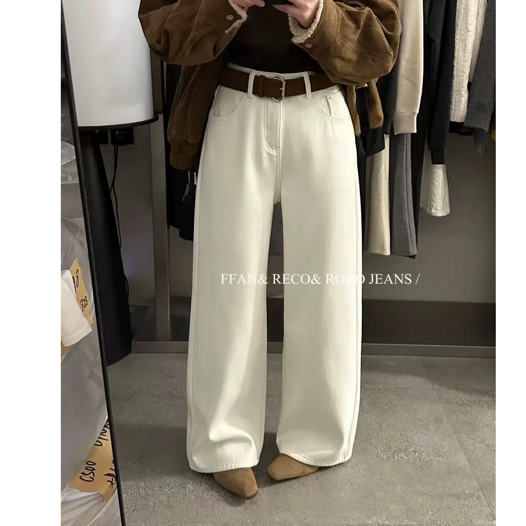 86035•米色牛仔 NK# 东大门YKK高腰直筒加绒牛仔裤·