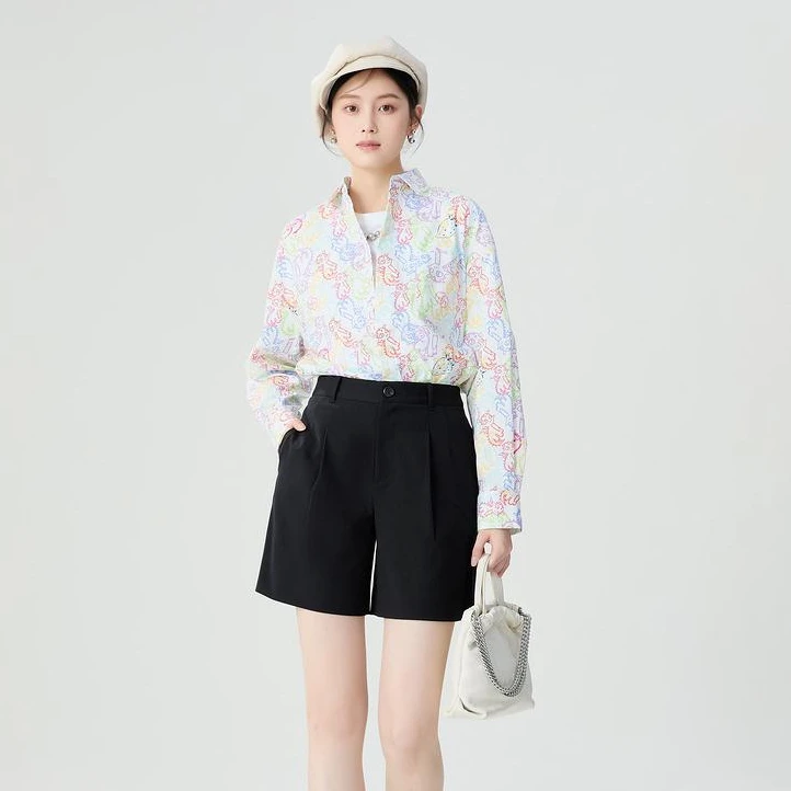哥弟新款时尚中高腰简约休闲直筒黑色显瘦直播西装短裤女1100539
