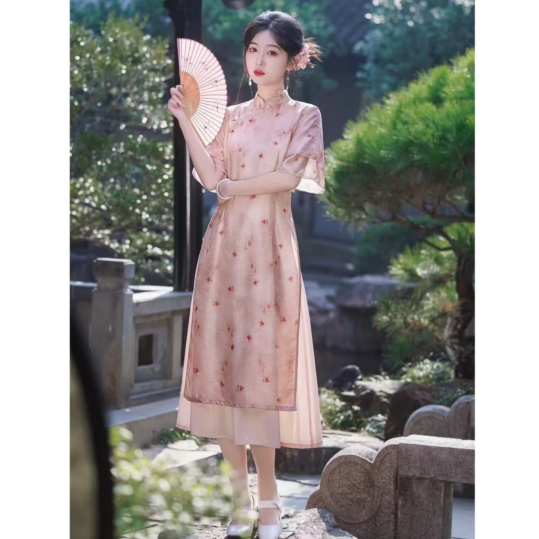 【粉蕊含香】中国风改良小个子透气旗袍连衣裙新中式国风显瘦双层