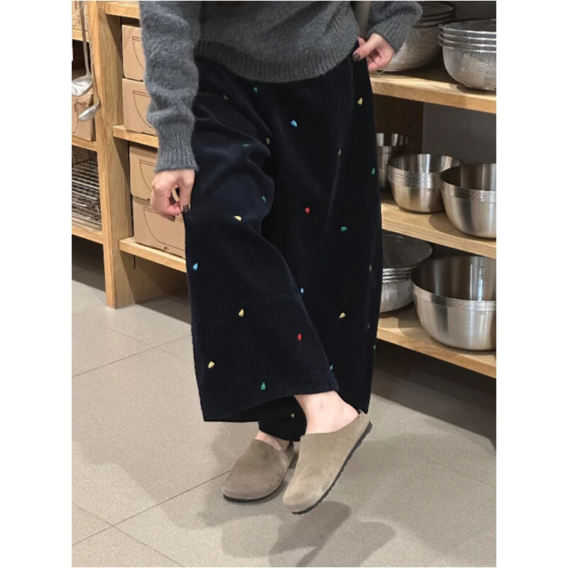 爱心刺绣灯芯绒阔腿裤2025秋冬新款韩系百搭九分显瘦休闲奶奶裤
