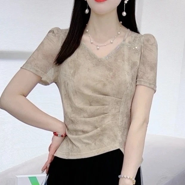 歌玲兰2025夏季新款水墨晕染法式时尚烫钻V领T恤新款别致洋气上衣