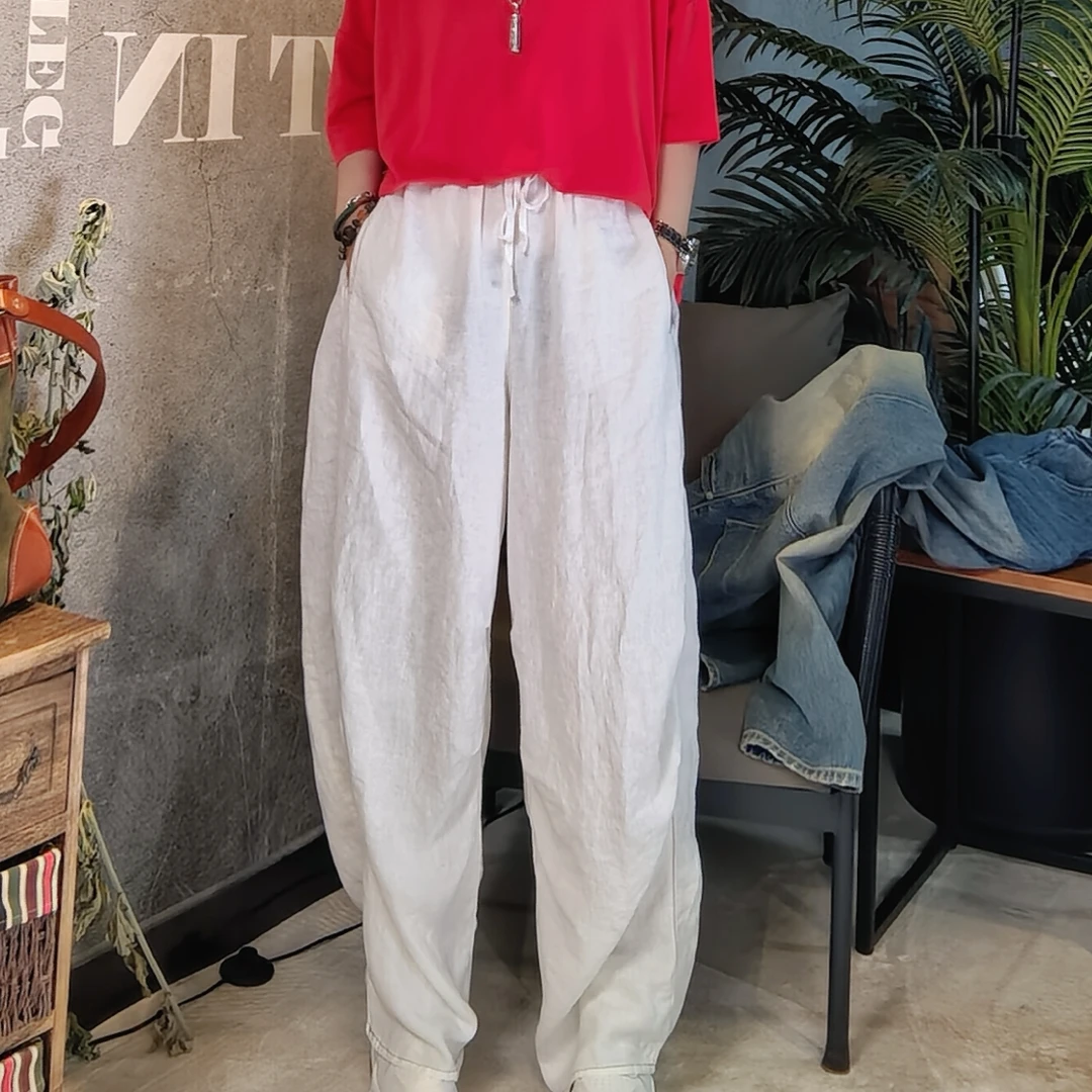 时尚百搭设计师款休闲亚麻裤显瘦运动直筒夏季复古宽松