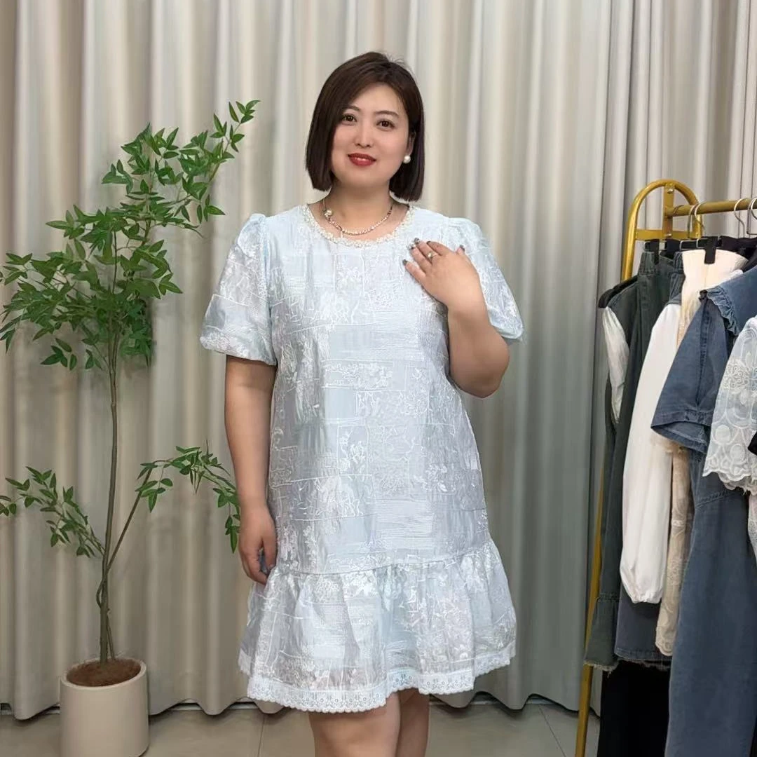 高端欧货夏季新款时尚圆领钉珠刺绣短袖宽松显瘦连衣裙